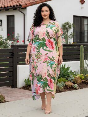 Multicolor Leaf Printed Plus Size Cover Up Caftan Dress Stylish Maxi Dresses